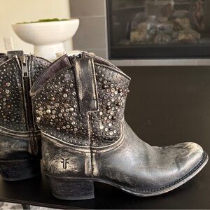 Frye Embellished Intentionally Distressed Black Leather Ankle Boots